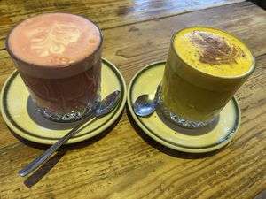 Beetroot and Turmeric Lattee  at Hoogah Cafe in Swansea