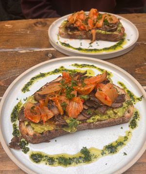Avocado, Kimchi, and Mushroom on toast. My go-to. Beautiful! at Hoogah Cafe in Swansea