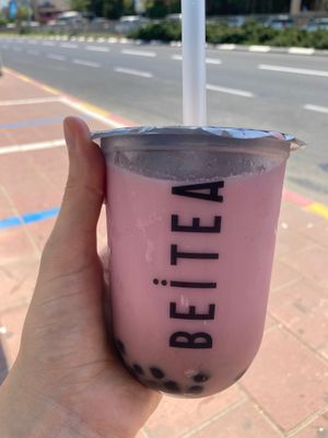 Red in black boba  at Beitea in Tel Aviv