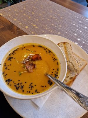 Sweet potato peanut butter soup at Kavárna & Bistro Karma in Breclav