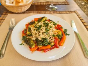 Roast veggies with bulgur and quinoa. No tzatziki. at La Real in Valladolid