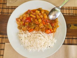 Pisto (veggie stew of onions, red and green peppers, tomatoes and pumpkin) and basmati rice. at La Real in Valladolid