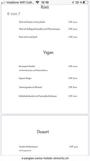 The menu   at Viva in St Moritz