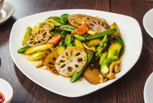 Stir fried vegetables mix with lotus roots at Full Moon City in The Hague