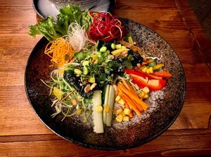 One of the bowls of the day, with warm-cold glass noodles, vegetables and amazing tofu rolls at Ban Vegan in Berlin