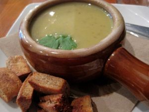 Potato and leek soup with croutons. Comforting. at Panthere Verte - Centre-Ville in Montreal