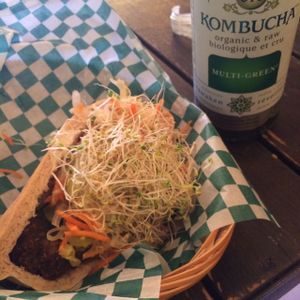 Falafel, tradition, half order. with GT's Multi-Green Kombucha at Panthere Verte - Centre-Ville in Montreal