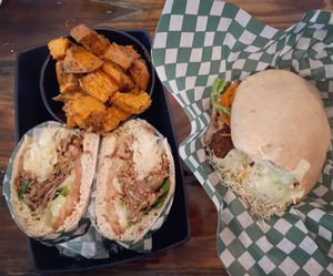 Jackfruit BBQ, Falafusion falafel, and a side of sweet potato salad.  at Panthere Verte - Centre-Ville in Montreal