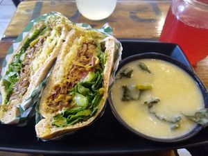 Jackfruit schwarma pita and cauliflower soup at Panthere Verte - Centre-Ville in Montreal