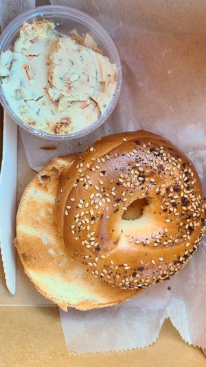 Everything bagel with veggie cream cheese at Roots & Leaves in Buxton