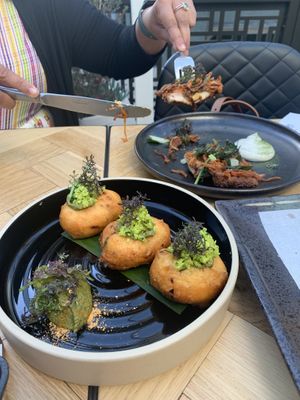 Edamame Vada (in front)  at Ettan in Palo Alto