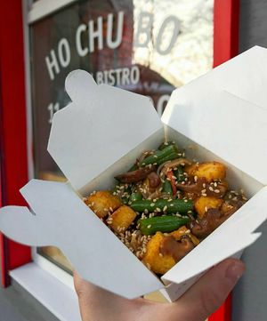 Noodles with tofu and mushrooms at Ho Chu Bo in Vinnytsia