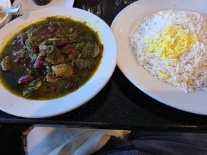 Gormeh Sabzi Stew with saffron rice at Amoo's in Mclean