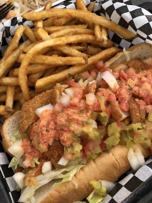 Mmmm “shrimp” po’ boy and fries at Doomie's Home Cookin' in Hollywood