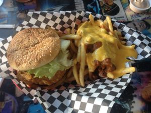 Spicy chik'n sandwich with chili-cheese fries at Doomie's Home Cookin' in Hollywood