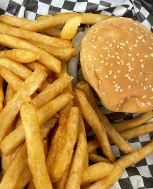 Pb bacon burger and fries   at Doomie's Home Cookin' in Hollywood