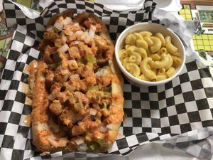 Vegan shrimp roll + mac n cheese side  at Doomie's Home Cookin' in Hollywood