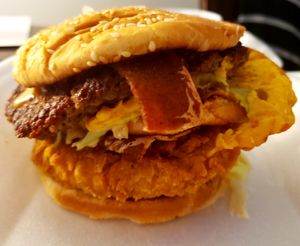 Big D with chicken patty instead of one the burgers and added bacon 😂 at Doomie's Home Cookin' in Hollywood