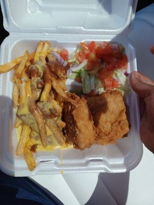 Fried chicken with chili cheese fries and salad at Doomie's Home Cookin' in Hollywood
