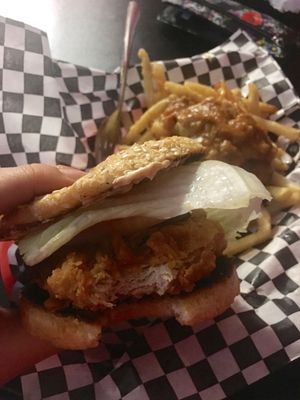 Spicy chicken burger with chili cheese fries!  at Doomie's Home Cookin' in Hollywood