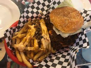 Philly cheesesteak burger and animal fries at Doomie's Home Cookin' in Hollywood