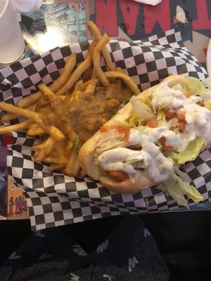 Buffalo chicken sandwich and chili cheese fries at Doomie's Home Cookin' in Hollywood