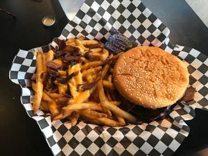 Peanut Jelly Bacon Burger + Cheese Bacon Fries at Doomie's Home Cookin' in Hollywood