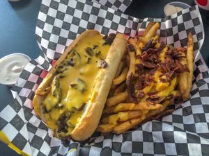 Philly Cheesestake and Bacon Cheese Fries at Doomie's Home Cookin' in Hollywood
