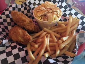 Fried chicken Mac and cheese with fries  at Doomie's Home Cookin' in Hollywood