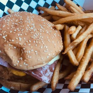 The chick’n cordon blue sandwich and crispy seasoned fries.  at Doomie's Home Cookin' in Hollywood