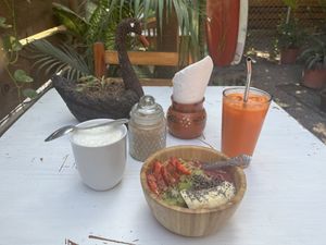 Açai bowl, soy cappu and carrot juice! SO GOOOD!!!  at Flores & Colores in Sayulita