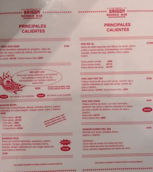 Menu with vegan options at Saigón Noodle Bar - San Telmo in Buenos Aires