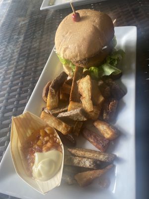 Vegan burger with island fries  at Captain Andy's Bar & Grill in Rarotonga