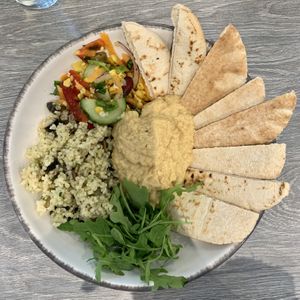 Classic hummus bowl with pitta bread, cous cous and salad  at Trellis Coffee Shop in Ellon