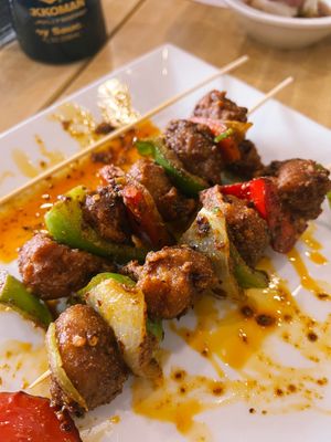 Cumin 'lamb' kabobs — they taste just like the animal versions from the Xian carts in Flushing so why harm animals this tasty snack? at SuTao Cafe in Malvern