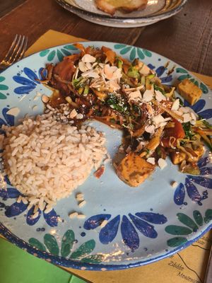 Brown rice with vegetables and tofu in soy sauce at re BiO in Rome