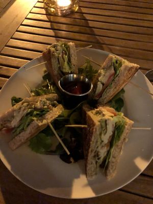 vegan club sandwich with a ketchup dip at Marghe in Sirmione