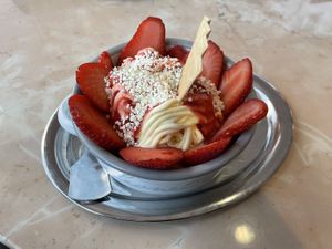 Strawberry spaghetti ice creamm  at Eiscafe Cortina in Cologne