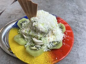 Kiwi Spaghetti ice cream  at Eiscafe Cortina in Cologne