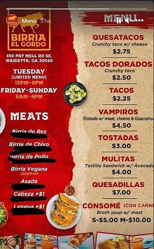 Menu #1 (crossed out animal items) at Birria El Gordo in Marietta