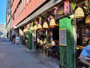 Restaurant front and outdoor seating at Habibi in Oslo