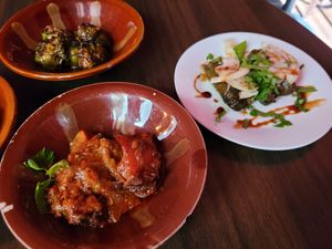 Bruxelles sprouts, aubergine, and dolmas at Habibi in Oslo