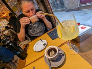 Oat milk latte, Americano and limoncello Spritz at Brunch Cafe in Venice