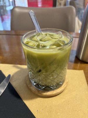 Cold matcha latte with oat milk  at Brunch Cafe in Venice