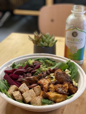Harvest bowl with added seitan chicken protein yummm at NuLeaf in New York City
