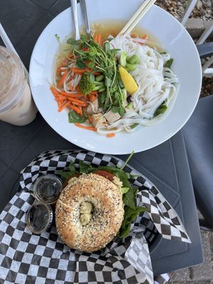  noodle bowl and veggie bagel no cream cheese, sub hummus  at 13th Ave Coffee House in Regina