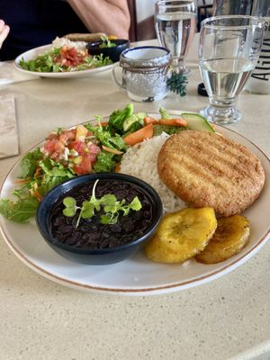 Casada Vegana. Rice, beans, veggies, salad, and a little fried dough patty. Super fresh.  at Posada Real in Liberia