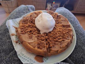 Vegan Lotus Biscoff Waffle with Vanilla Gelato  at Heavenly Desserts in Leeds