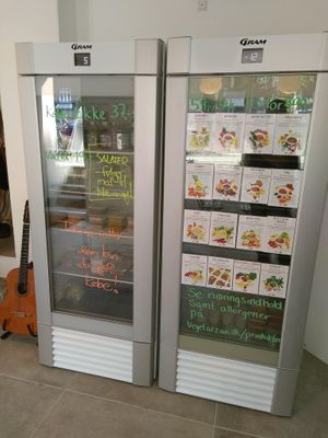 Fridge with the pre-made dishes at Vegetarzan in Copenhagen