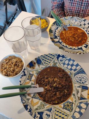 Feijoada and harissa with quinoa and rice at Vegetarzan in Copenhagen